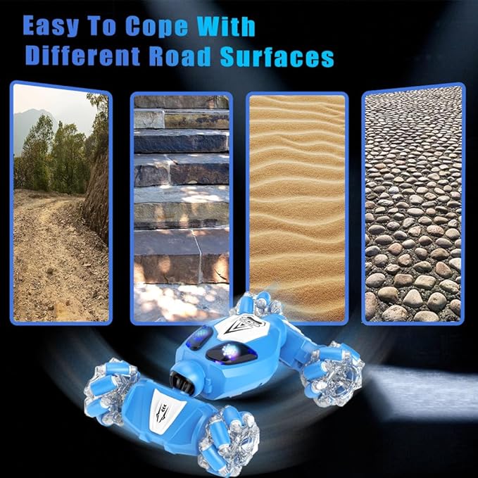 FOTN Remote Control/Gesture Sensing Stunt Car,4WD All-Terrain 2.4Ghz RC Blue Dual Control Off-Road Vehicle ，Lights Music，Modular Lithium Battery, 360° Flips，Snake-Move, Boy/Girl Birthday Gift