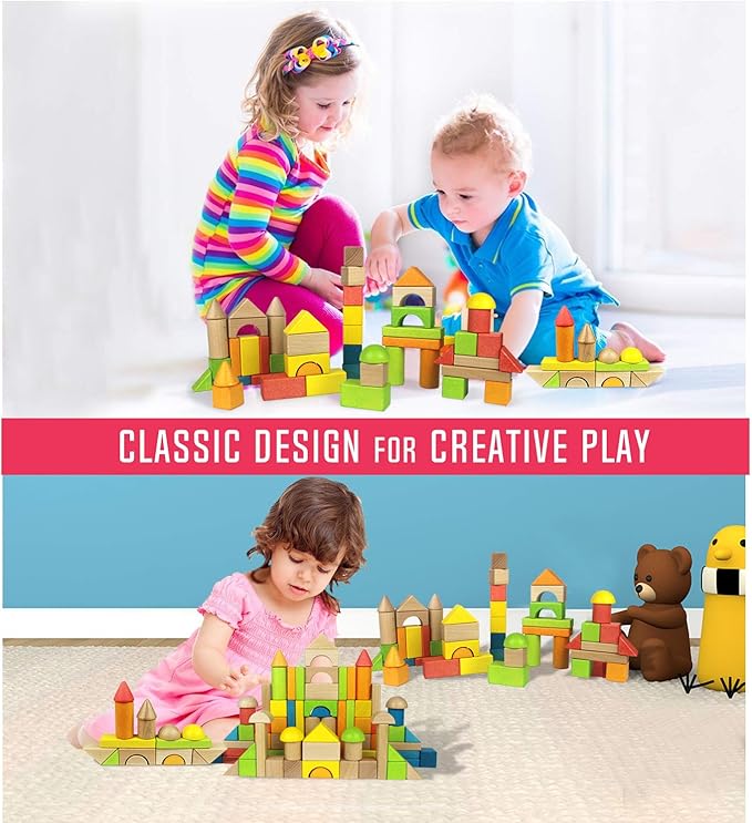 Migargle Wooden Building Blocks Set for Kids - Rainbow Stacker Stacking Game Construction Toys Set Preschool Colorful Learning Educational Toys - Geometry Wooden Blocks for Boys & Girls