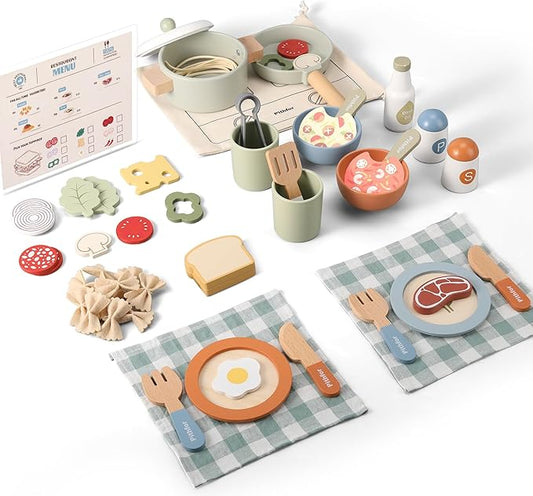 Wooden Play Cooking Set, Pretend Play Kitchen Accessories Toys Set for Kids Toddlers, Including Play Dishes, Pot and Pan, Utensils, Gifts for 3 4 5 Years Old Girls Boys