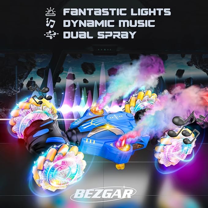 BEZGAR Remote Control Car Toy for Ages 8-13, Large Gesture Sensing RC Stunt Car with Lasertracking, Lights & Music, 4WD All Terrain Crawler with 2 Rechargeable Batteries, Birthday Gifts for Boys