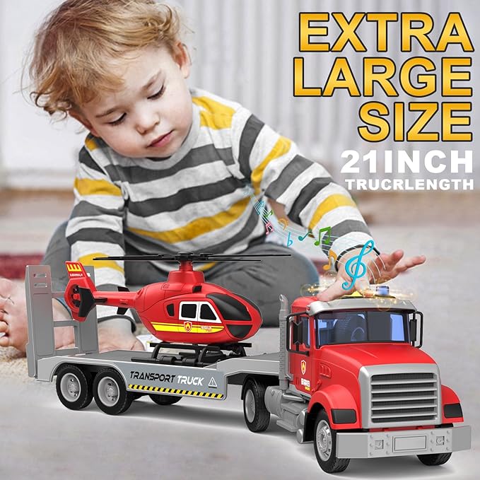 22" Semi Fire Truck Toy with Helicopter for Kids Toddlers - Fire Police Car Toys, Birthday for Boy Girl Child 3 4 5 6 7 Years Old