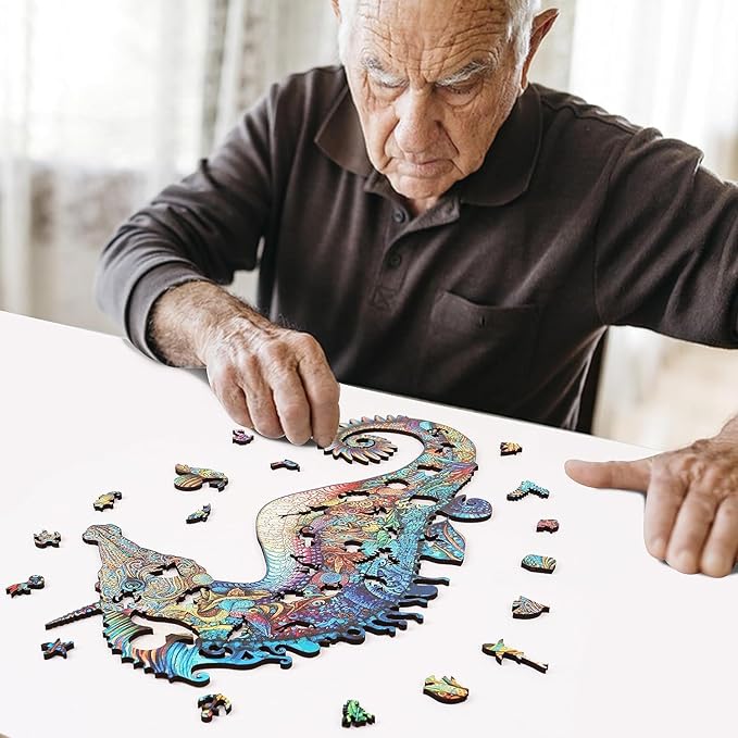 Wooden Jigsaw Puzzles, Unicorn Seahorse Wood Puzzle 200 Pieces, Unique Shaped Wooden Puzzles for Adults and Kids, Family Game 8.5 x 13.4 Inches
