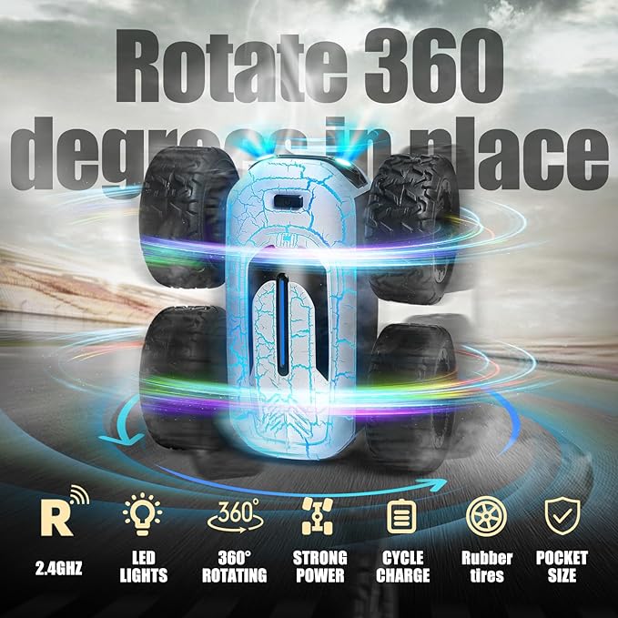 Remote Control Car for Kids 8-12, 360Rotating with 2 Batteries, Double-Sided RC Stunt Car Toy with LED Lights and Headlights