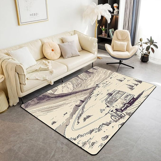 Erosebridal Hand Drawn Mountain Area Rug 3x5 Cartoon RV Car Rug for Children Teens Retro Camper Bicycle Carpet Family Camping Travelling Bedroom Non Shedding Decorative Rug