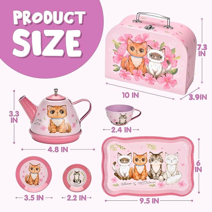Cat Tea Party Set for Little Girls - 19pcs Pretend Play Toy, Birthday Gift for Toddlers Ages 3 4 5 6 Year Old, Includes Kitten Tin Tea Set, and Carrying Case - Ideal Stocking Stuffers for Kids