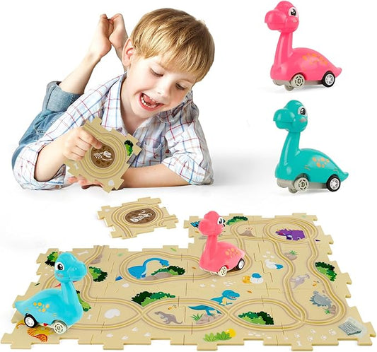 Puzzle Racer Kids Car Track Set with 2 Dino Cars, Kids Toys for 3-5 Year Old Boys, Montessori Toys for 3+ Year Old
