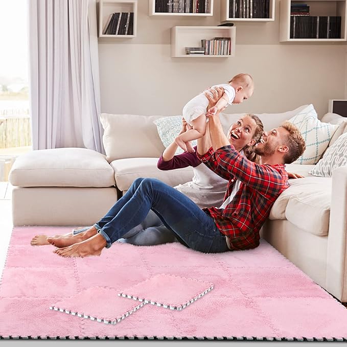Interlocking Carpet Shaggy Soft EVA Foam Mats Fluffy Area Rugs Protective Floor Tiles Exercise Play Mat for Children Kids Room Home Parlor Bedroom (12 pcs, Light Pink)
