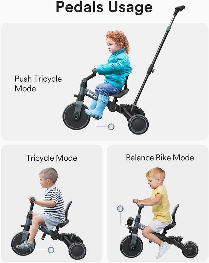 besrey 5 in 1 Toddler Bike, Toddler Tricycle for 1-3 Year Old, Trike with Push Handle, Backrest and Safety Belt, Birthday Gifts and Toys for Boys and Girls, Balance Bike