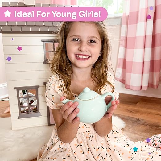 Jewelkeeper Porcelain Tea Set for Little Girls - 13-Piece Tea Party Set with Carrying Case - Kids Tea Set for Ages 3 and Above - Safe and Durable Mini Tea Cup and Saucer Set - Turquoise Polka Dot