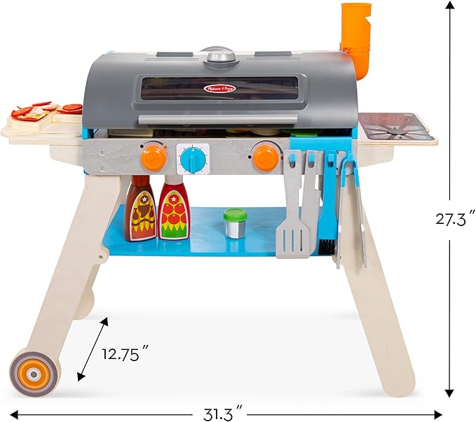 Melissa & Doug Wooden Deluxe Barbecue Grill, Smoker and Pizza Oven Play Food Toy for Pretend Play Cooking for Kids - FSC Certified