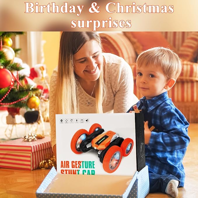 Hand Gesture Sensing Double-Sided Remote Control Car,360° 4wd Off-Road with Lights & Music Indoor/Outdoor Toy for 6-12 Age Boys Birthday Gift (Orange)