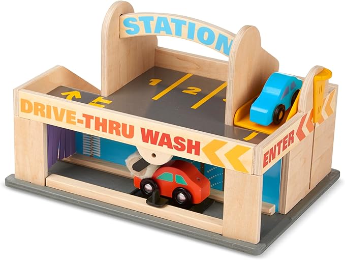 Melissa & Doug Service Station Parking Garage With 2 Wooden Cars and Drive-Thru Car Wash (SIOC)