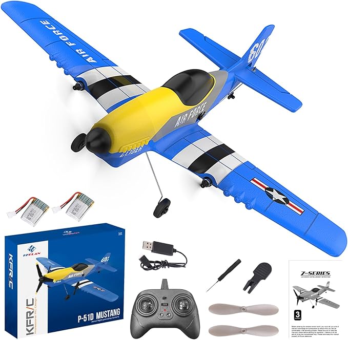 Rc Plane 3-Channel 2.4GHZ Rc Airplane, P51 Mustang Fighter with 2 Batteries, 6 Gyroscopes Stabilization System Easy to Fly Suitable for Beginners, Kids, Adults, Blue