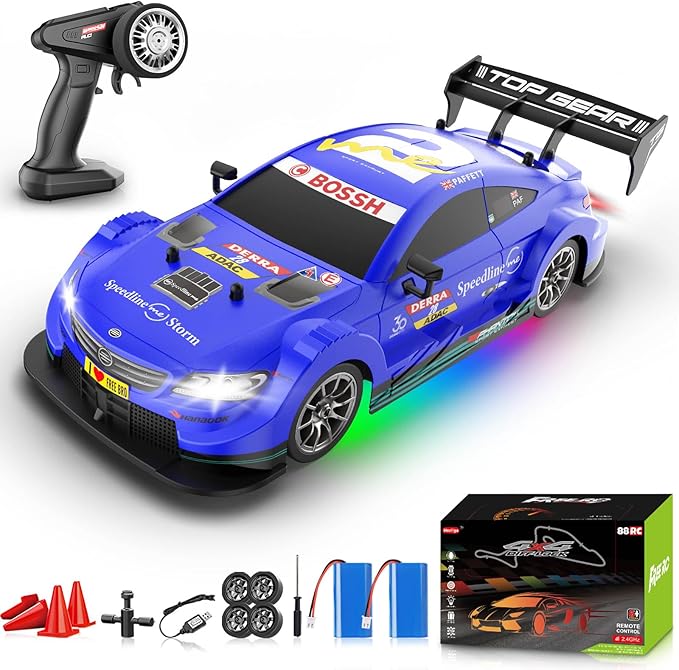 1/16 RC Drift Car, 2.4GHz 4WD Remote Control Drift Car, 30+KM/H High Speed Drift RC Cars with LED Lights 2 Batteries and Drift Tires Race Cars for Adults Boys Kids, Blue