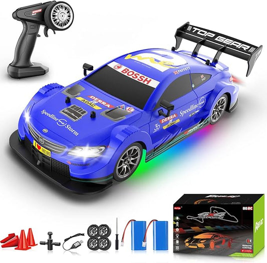 1/16 RC Drift Car, 2.4GHz 4WD Remote Control Drift Car, 30+KM/H High Speed Drift RC Cars with LED Lights 2 Batteries and Drift Tires Race Cars for Adults Boys Kids, Blue