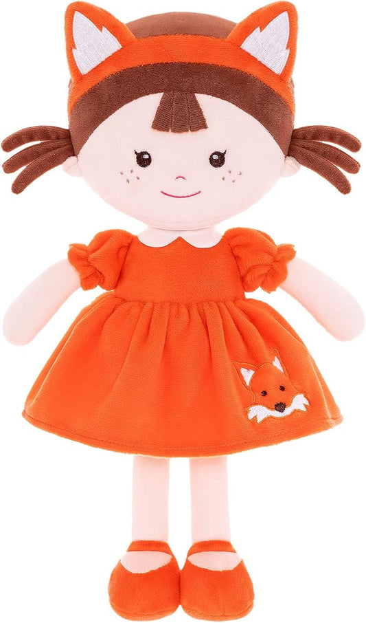 Onetoo First Baby Doll Plush Rag Dolls Sleeping Cuddle Buddy Dolls Soft Baby Doll for Girls Wear Fox Costume Reddish Brown Dress14（Milly Series）