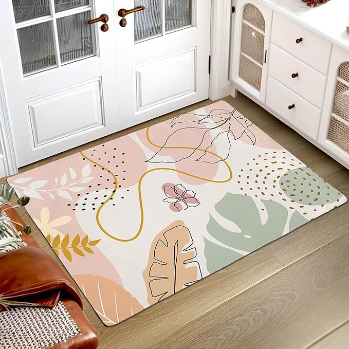 3x5 Boho Entryway Rug, Boho Flower Area Rugs for Girl Bedroom, Abstract Floral Pink Carpet for Living Room, Washable Kids Nursery Rugs for Classroom Decor Non-Slip Kids Playroom Rugs Mats for Floor