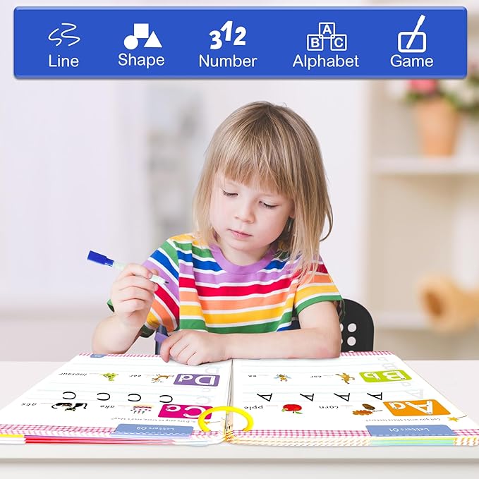 HOQEEWIPE Preschool Learning Activities Workbook - Fun Reusable 60 Pages Tracing Books for Kids Ages 3-5, Numbers, Letters, Fine Motor Skills Educational Learning Toys for Toddlers 2-4 Years Old