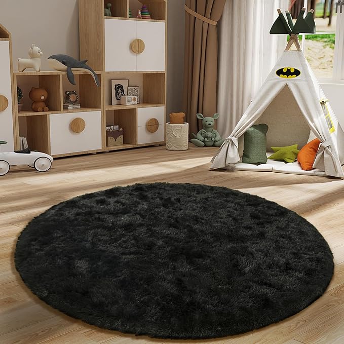LOCHAS Luxury Round Fluffy Area Rugs for Bedroom Kids Girls Room Nursery, Super Soft Circle Rug, Cute Shaggy Carpet for Children Living Room, 5x5 Feet Black