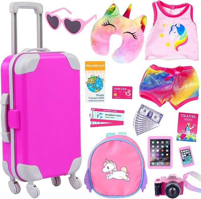 ZITA ELEMENT 24 Pcs 18 Inch Girl Doll Accessories Suitcase Luggage Travel Set Including 18 Inch Doll Clothes Luggage Pillow Blindfold Sunglasses Camera Computer Cell Phone Ipad and Other Stuff