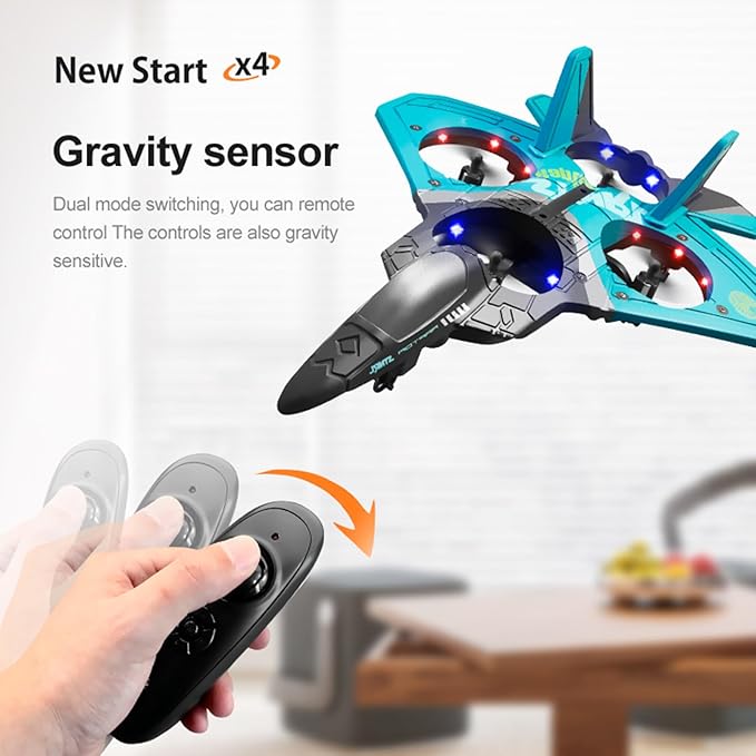 V17 Jet Fighter Stunt RC Airplane,V17 Remote Control Plane 2.4Ghz Foam RC Airplanes Helicopter quadcopter for Adults Kids,Spinning Drone,Gravity Sensing,Stunt Roll,Cool Light (Blue+2pcs Battery)