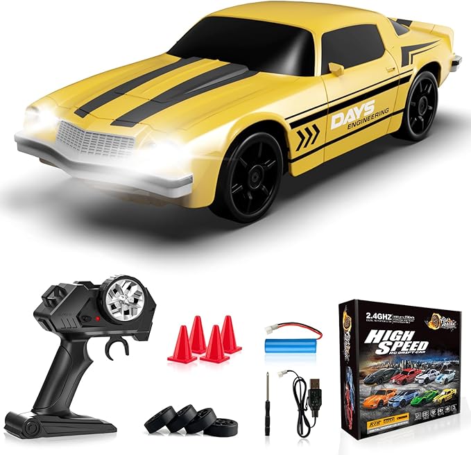 Remote Control Car, 1/24 Scale RC Drift Car, 4WD 15KM/H High Speed RC Cars, Racing Sport Toy Car with LED Lights, Racing Tire, Birthday for Kids Boys Girls, Rechargeable Battery