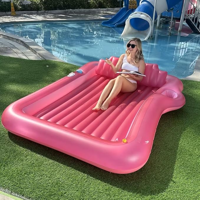 Inflatable Tanning Pool Lounger Float with Sprinkler, 83" x 63" Extra Large Pool Floats Adult with Pillow Cooler Tray, 6 in 1 Suntan Tub Raft Floatie Sunbathing Bed Water Summer Backyard Fun XL-Pink