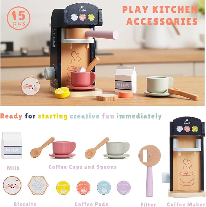 PairPear Kids Coffee Maker Wooden Kitchen Playset, Wooden Toys Play Coffee Maker Set with Play Food for Kids, Toddler Play Kitchen Accessories Gift for Girls and Boys 3+