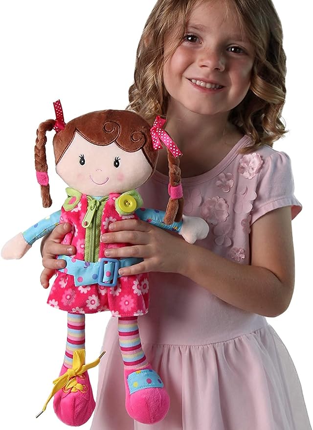 Sugar Snap Plush Doll for Toddlers Learn to Dress Montessori Toy - Dress Me Doll - Zipper, Snaps, Buttons, Buckle, Shoe Tying Practice - Educational Toy for 2 3 Year Old Girl - Montessori Doll - 15"