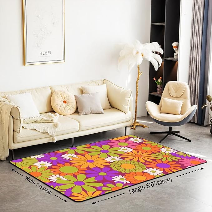 Colorful Vintage Floral Area Rug 5'x6'6'',Girls Groovy Flowers Decorative Rug Women Hippie 60S 70S Flowers Power Carpet Psychedelic Botanical Aesthetic Non Shedding Rug for Living Room