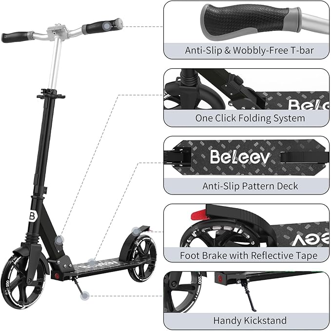 BELEEV V8 Scooters for Kids Ages 6+ with Light-Up Deck, 2 Wheel Folding Scooter for Adults Teens, 4 Adjustable Height, Lightweight Sport Commuter Scooter, Sturdy Frame, Max Load 220 lbs