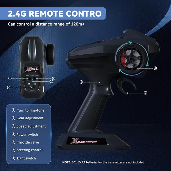 1/16 Fast Remote Control Monster Truck, High Speed RC Car with 48 mph Offroad Buggy, 2 Sets of Rechargeable Batteries (Blue)