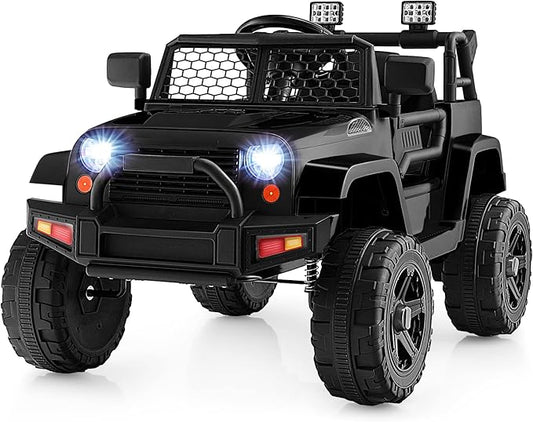 Costzon Ride on Car, 12V Battery Powered Truck Vehicle with Remote Control, Spring Suspension, Headlights, Music, Horn, MP3, USB & Aux Port, Gift for Boys Girls, Electric Car for Kids (Black)