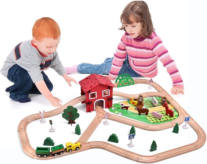 FUN LITTLE TOYS 77PCS Wooden Train Set Toy Train for Boys & Girls with Wood Train Track Fits Major Brand, Wooden Farm Play Set for Kids Wooden Toys