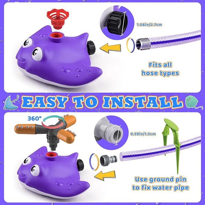 3 in 1 Water Baseball Summer Toys Sprinkler for Kids, Toddler Outdoor Toys Sprinklers for Yard with 2 Sprinkler Heads, 360° Roating Water Toys Attache to Garden Hose Backyard Pool Party Outdoor Games