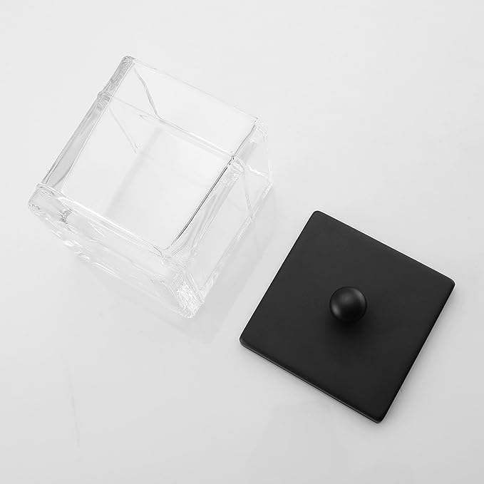 H Halston Apothecary Glass Cotton Jar Holder for Qtips, Cotton Balls, Floss, Storage Canister, Bathroom Organization, With Matte Black 304L Stainless Steel Lid, Makeup Vanity Organizer