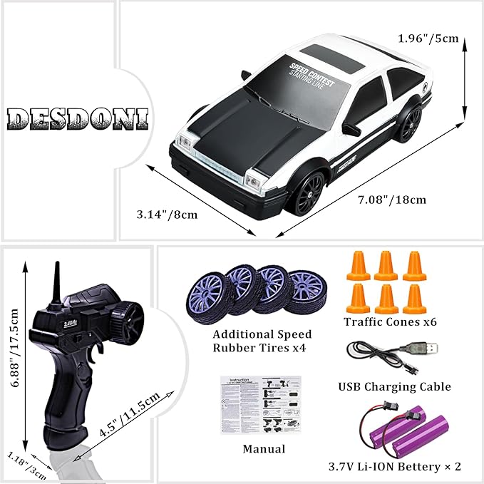 Remote Control Car RC Drift Car 2.4GHz 1:24 Scale 4WD 15KM/H High Speed Model Vehicle with LED Lights Drifting Tire Racing Sport Toy Car for Adults Boys Girls Kids Gift 2Pcs Rechargeable Batteries