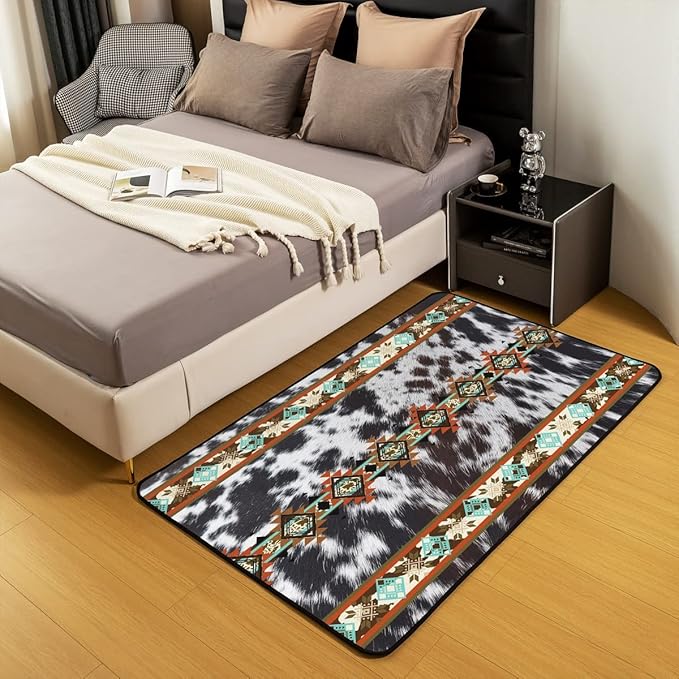 Erosebridal Cowhide Area Rug 5x7, Western Rugs, Black and White Highland Cow Print Exotic Aztec Diamond Carpet for Bedside, Farm Animals Bull Cattle Skin Cowboys Decorative Rug for Women