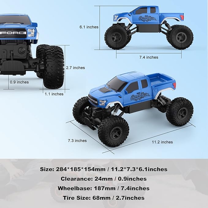 DOUBLE E Ford Raptor F150 RC Car 4WD Monster Trucks for Boys,11 Inches Off Road Crawler Vehicle RC Truck Toy Gift for Boys Girls 6 7 8-12 Years-Blue