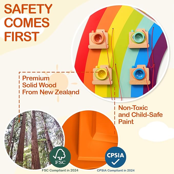 Monläurd® Wooden Rainbow Busy Board - Sensory Wall Activity Panel for Toddlers & Babies, Fine Motor Skills Development, Educational Screen-Free Toy for Playroom, Nursery, Daycare