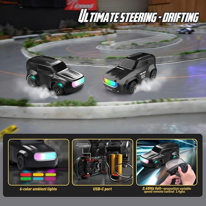 RC Drift Car 1/64 Scale Mini RC, 2.4Ghz Micro Turbo Racing 4WD Desktop Remote Control Rally Car with LED Lights for Adults Kid Toys Gift (Black Concept Model)