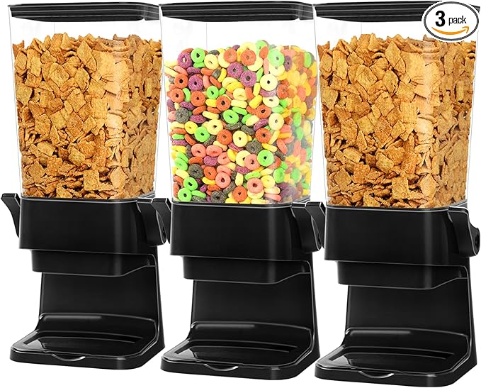 Cereal Dispenser Countertop Large Cereal Containers Storage Dispenser For Pantry Dry Food Dispenser Countertop Rice Candy Dispenser Machine For Snack,Nuts, Granola(Black,3 pack)