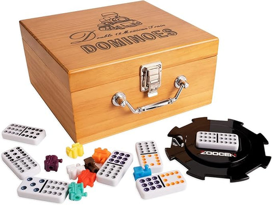 Double 12 Coloured Dot Dominoes Mexican Train Game Set with Wooden Case, 91 Tiles 9 Trains, Scoreboard, Acrylic Game hub