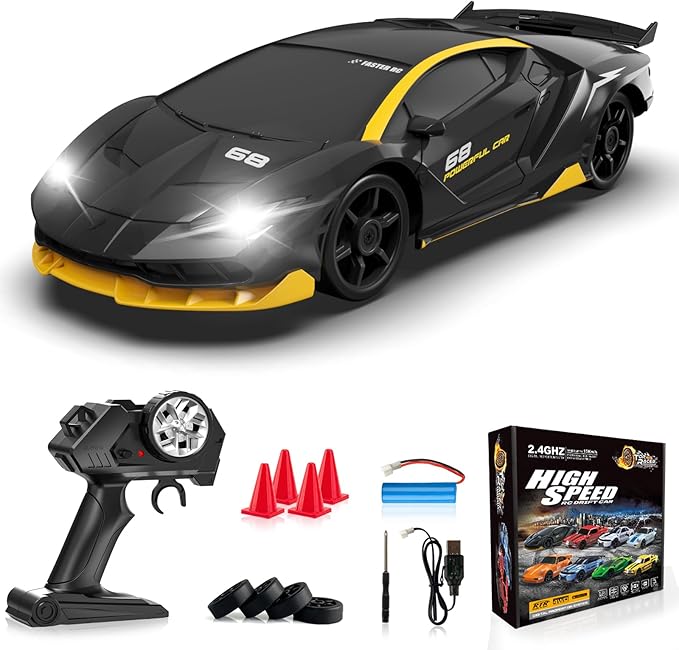 Remote Control Car, 1/24 Scale RC Drift Car, 4WD 15KM/H High Speed RC Cars, Racing Sport Toy Car with LED Lights, Racing Tire, Birthday for Kids Boys Girls, Rechargeable Battery