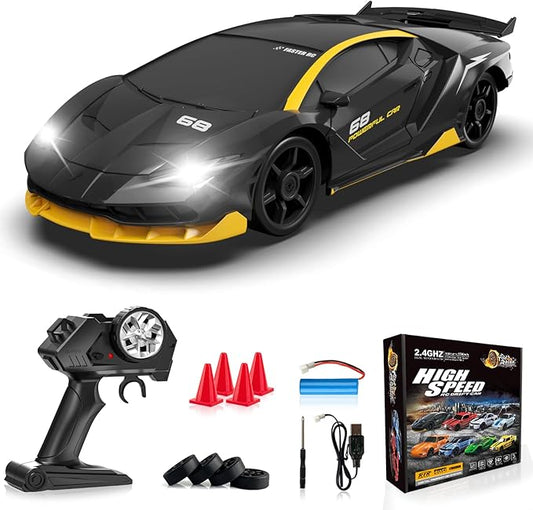 Remote Control Car, 1/24 Scale RC Drift Car, 4WD 15KM/H High Speed RC Cars, Racing Sport Toy Car with LED Lights, Racing Tire, Birthday for Kids Boys Girls, Rechargeable Battery
