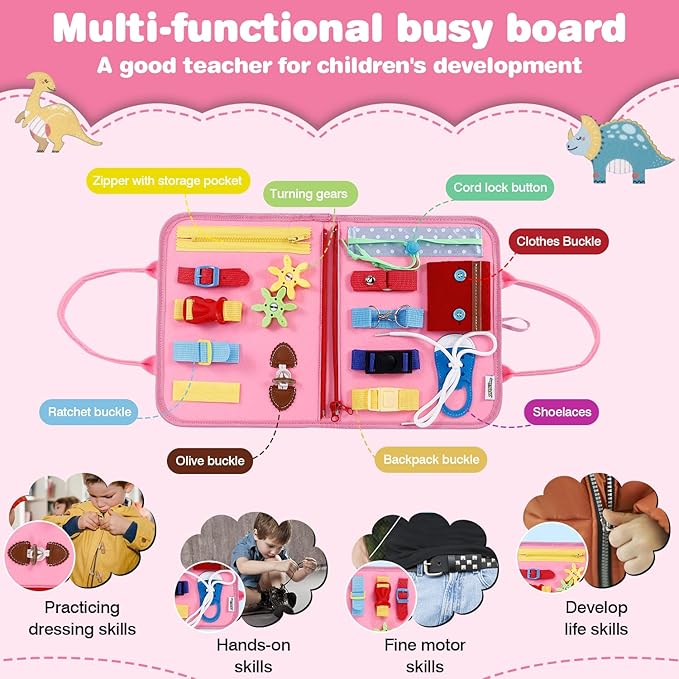 Busy Board for Toddlers 1-4, Sensory Board Travel Toys Gifts for 1 2 3 4 Year Old Girls Boys, Montessori Toys to Learn Fine Motor Skills, Educational Activities Busy Book for Airplane Car (Pink)