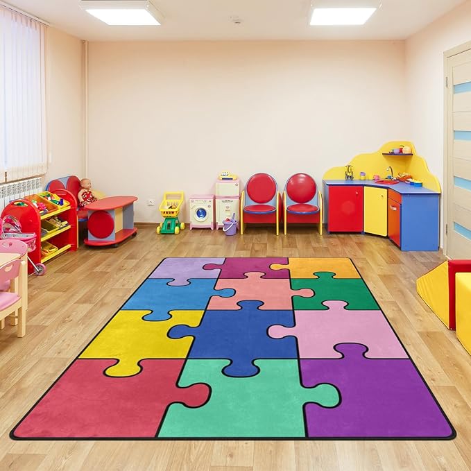 Kids Rug, Classroom Rug Colorful Puzzle Playmat Rugs - 5x7 Ft Kids Carpet with Rubber Backing, Classroom Carpet Play Mat Nursery Rugs for Children Boys Bedroom Playroom School Classroom Seating Carpet