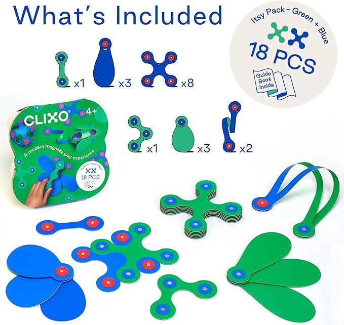 Clixo Itsy Magnetic Toy for Kids - Flexible, Durable, Imagination-Boosting Magnet Building Toy. Educational Multi-Sensory STEM Experience. Great as a Travel Game. Ages 4-99. 18 Piece Pack