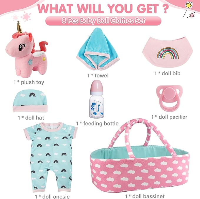 BABESIDE 8 Pcs Reborn Baby Doll Accessories with Bassinet for 17-22 Inch Baby Dolls, Babies Doll Clothes Outfit Accessories fit Reborn Doll Newborn Boy