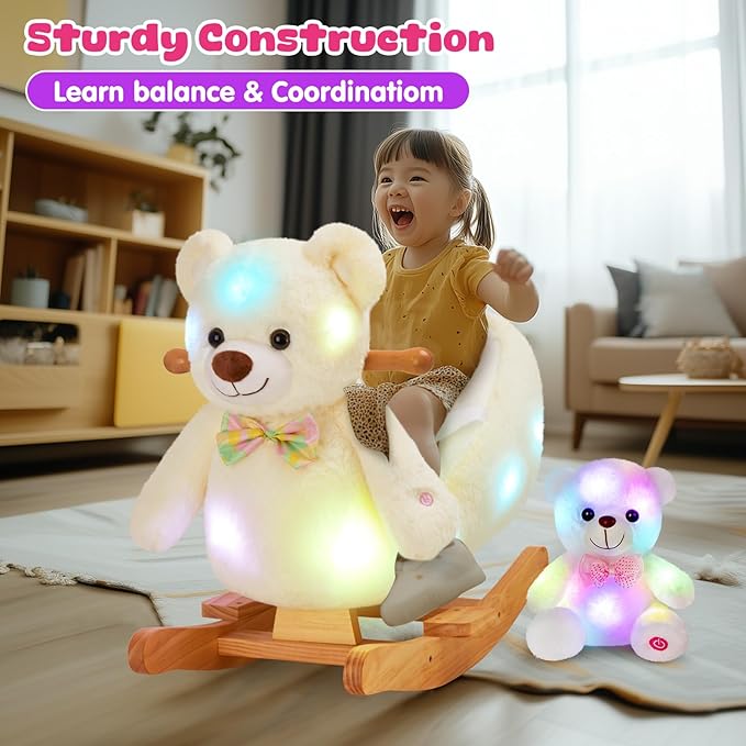 Glow Guards White Polar Bear Rocking Horse with Chair Muical Light up Bear Stuffed Animal for Ages 1-3 Toddlers Kids Babies Ride Toy Birthday Christmas
